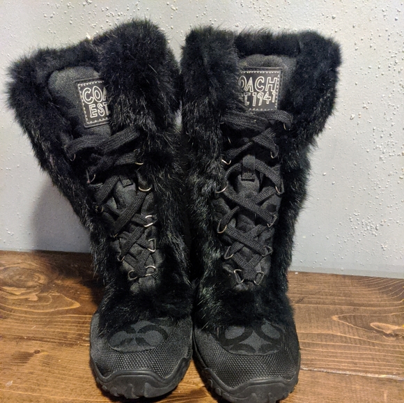 COACH Jennie Q522 Rabbit Fur Trim Monogram Winter Snow Boots - Black 6.5 B - Picture 1 of 6